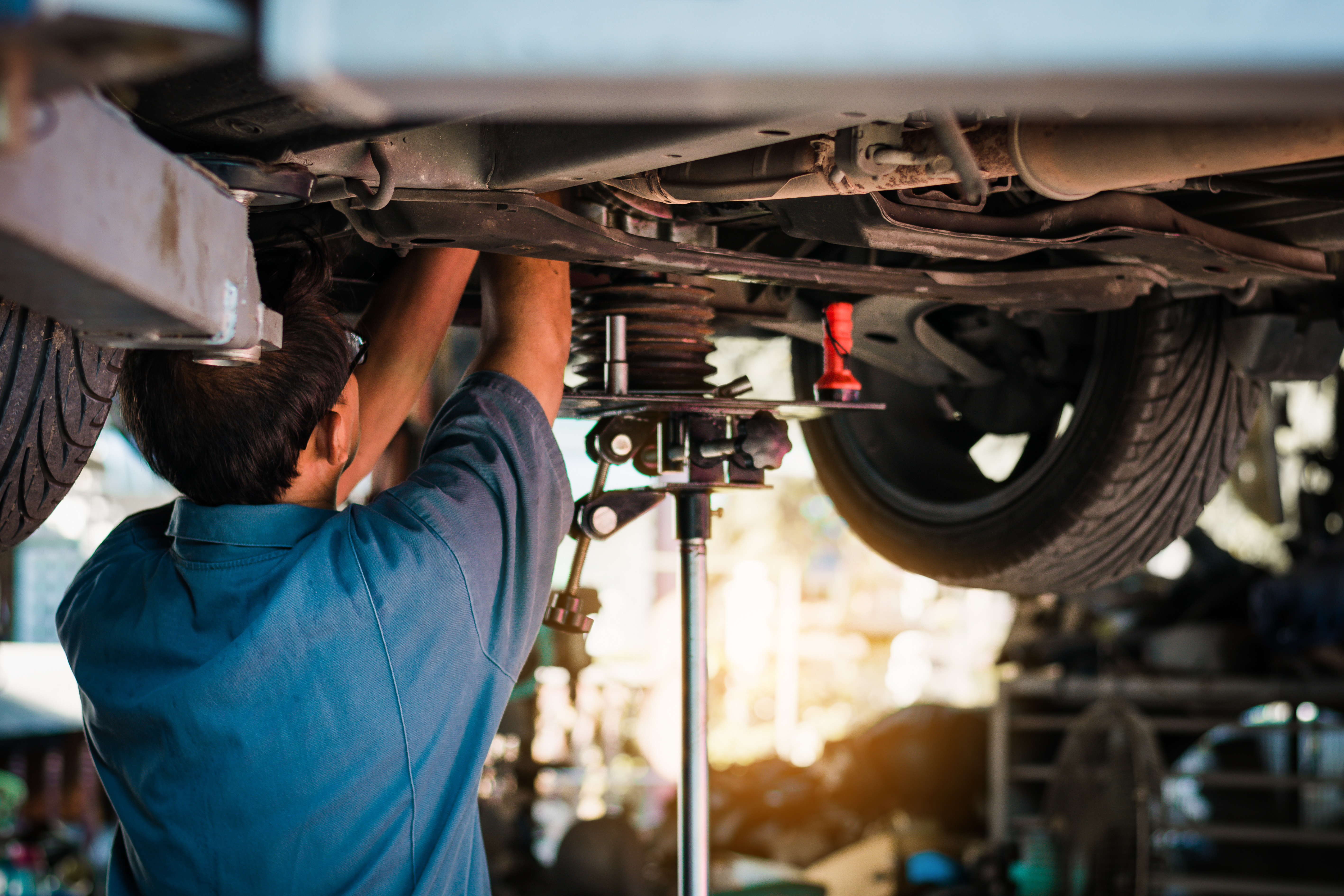 Technicians working on vehicles in the shop